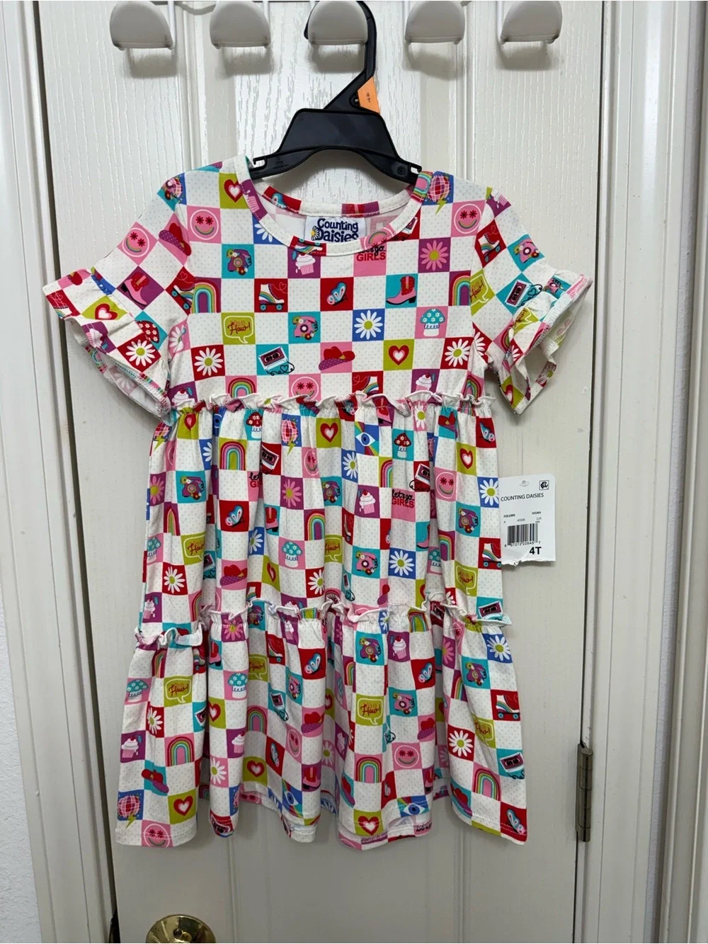 Counting Daisies Girls' Colorful Checkerboard Dress - Pink, Red, White, Blue